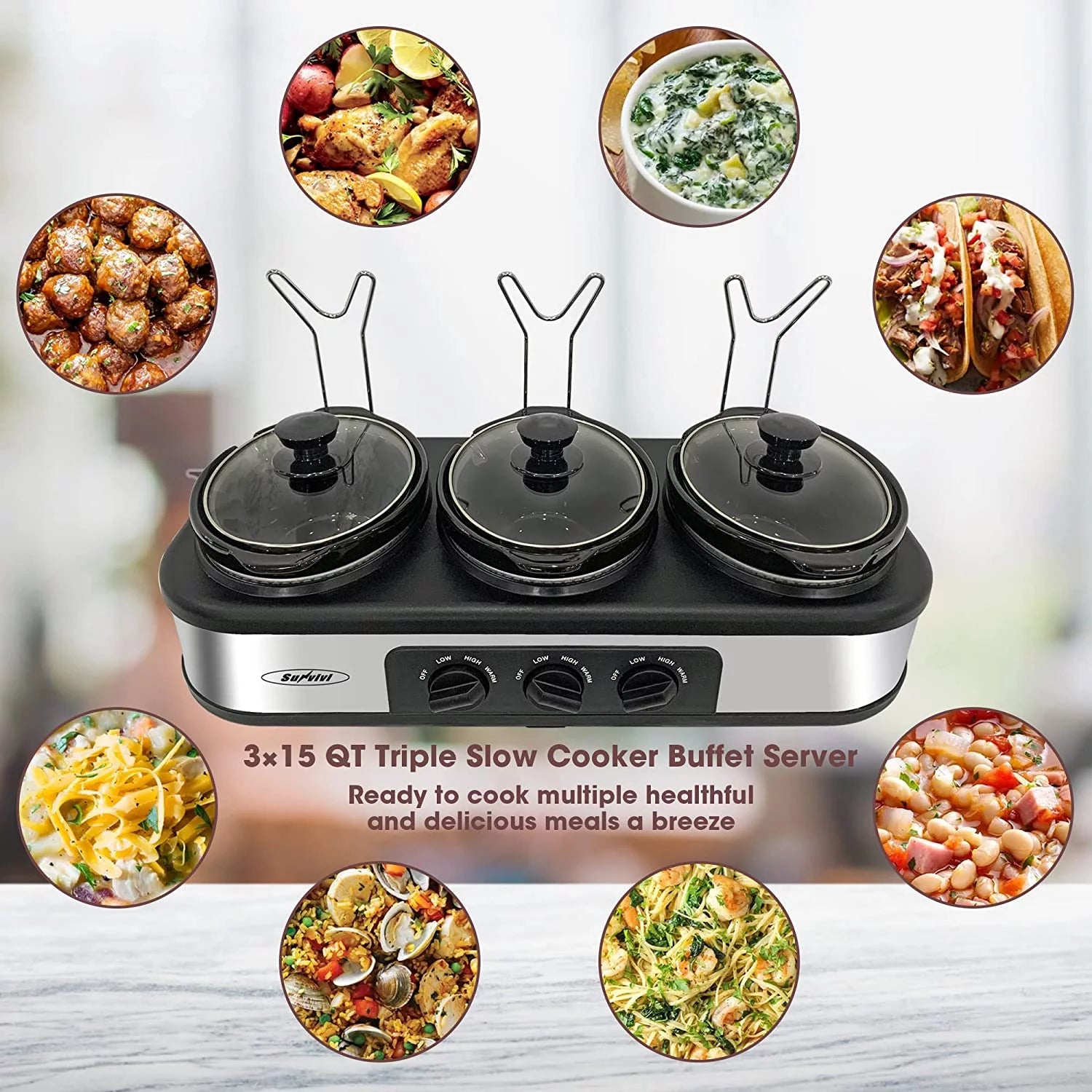 Superjoe Triple Slow Cooker, 3X1.5 Quart Electric Slow Cooker Buffet Server, Food Warmer Cooking Pot, Adjustable Temp Removable Ceramic Pots Lid Rests