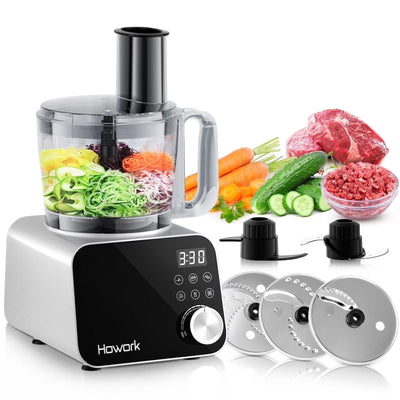 HOWORK Food Processor, 12 Cup 600W Multifunctional Food Vegetable Chopper, for Shredding, Slicing, Doughing, Emulsifying and Juicing, Silver