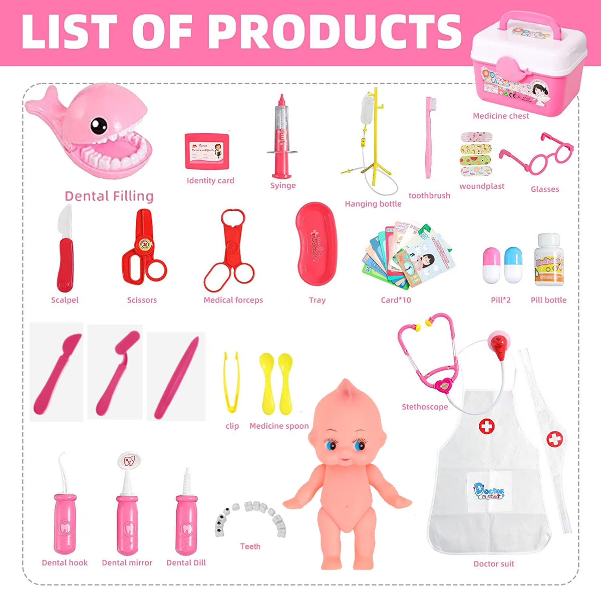 Nimjoy Kids Toy Doctor Kit for Girls 3-6 Years Boys, 41PCS Pink Toy Stethoscope & Braces Medical Kit Preschool Pretend Play Dentist Set Gift to Toddler Birthday Christmas Present