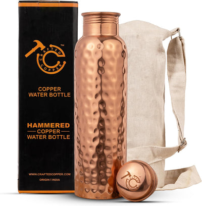 100% Pure Copper Water Bottle for Drinking - 34 Oz Extra Large Hammered Ayurvedic Vessel. Leak-Proof, Heavy Duty Real Copper Flask with Canvas Carry Bag & Dent-Proof round Gift Box