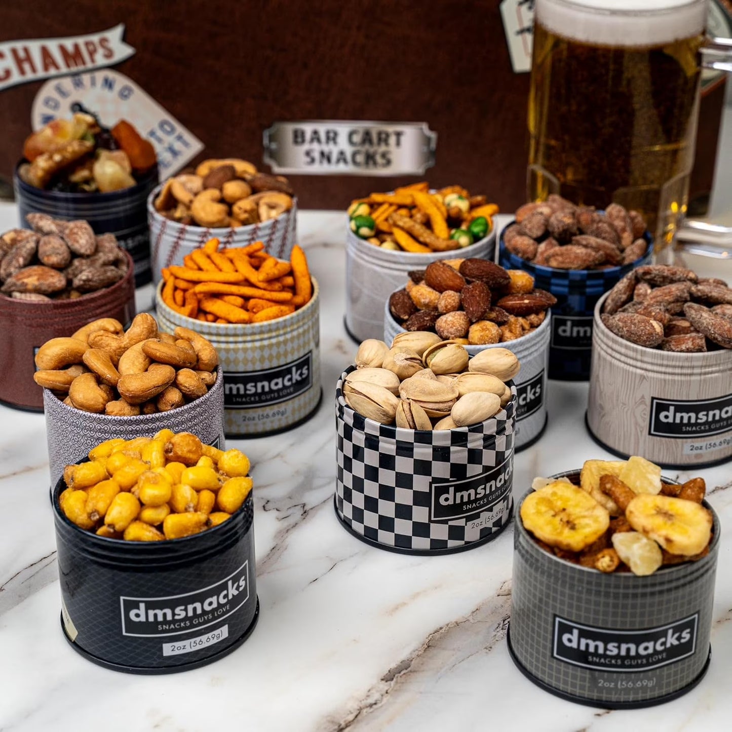 Damn Man Snack Box Gift Basket Assorted Baked Nuts Variety Pack in Tins 12 Count 24 Oz Total