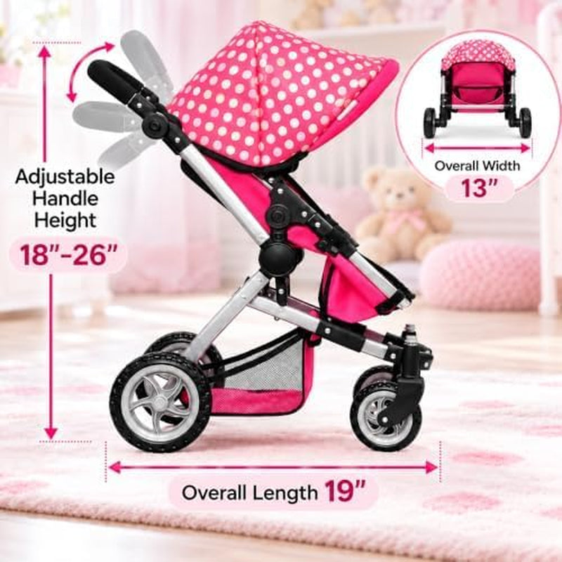 Fash N Kolor Foldable Pram for Baby Doll with Polka Dots Design with Swiveling Wheel Adjustable Handle
