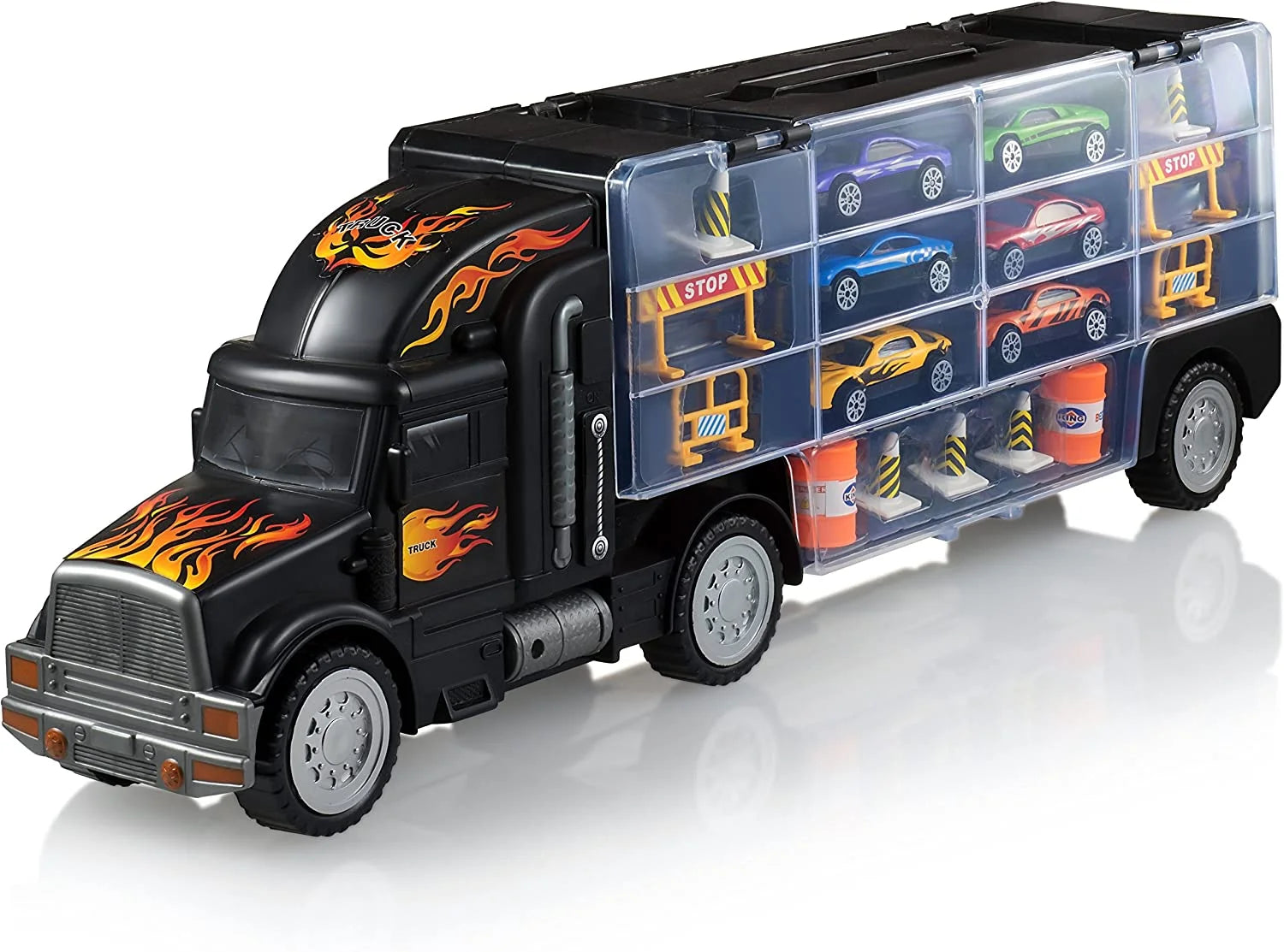Toy Truck Transport Car Carrier - Toy Truck Includes 6 Toy Cars and Accessories - Toy Trucks Fits 28 Toy Car Slots - Great Car Toys Gift for Boys and Girls - Original by Play22Usa