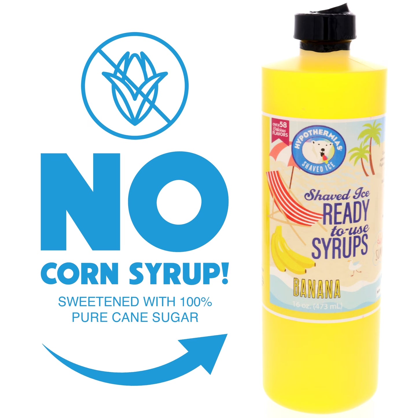 Hypothermias BANANA (16 Fl Oz) Handcrafted Hawaiian Snow Cones Flavor Syrups for Drinks, Coffee, Shaved Ice & Slushie, Piraguas, Raspados, Soda Flavor Syrup, 100% Pure Cane Sugar