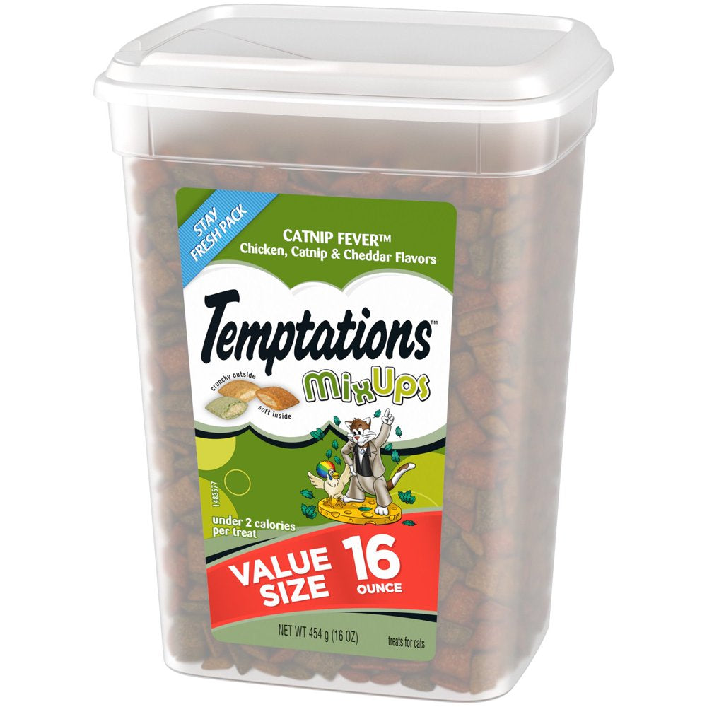 Temptations Mixups Chicken Catnip & Cheddar Flavor Crunchy and Soft Cat Treats, 16 Oz Tub