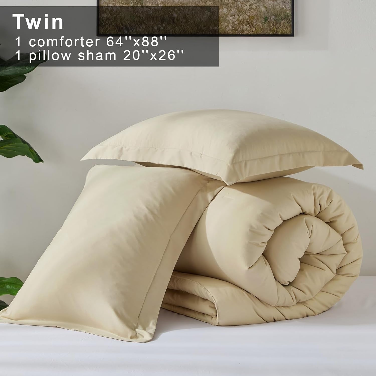 Satisomnia Beige Twin Comforter Set 2 Piece, Lightweight Bed Comforters | No Clumping, Machine Washable, Beige, All-Season Comfort, Soft Breathable, Skin Friendly, Solid, 1 Pillow Sham