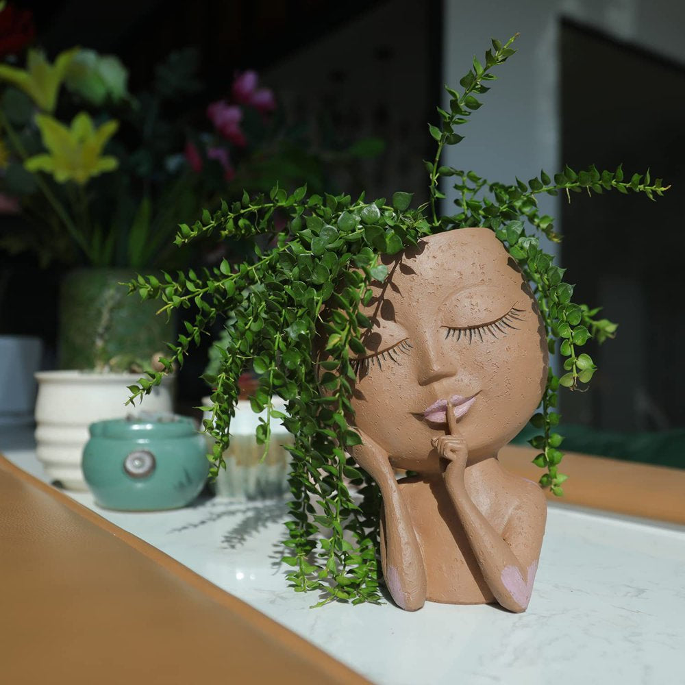 Face Head Planter Succulent Plant Flower Pot Resin Container with Drain Holes Flowerpot Figure Garden Decor Tabletop Ornament