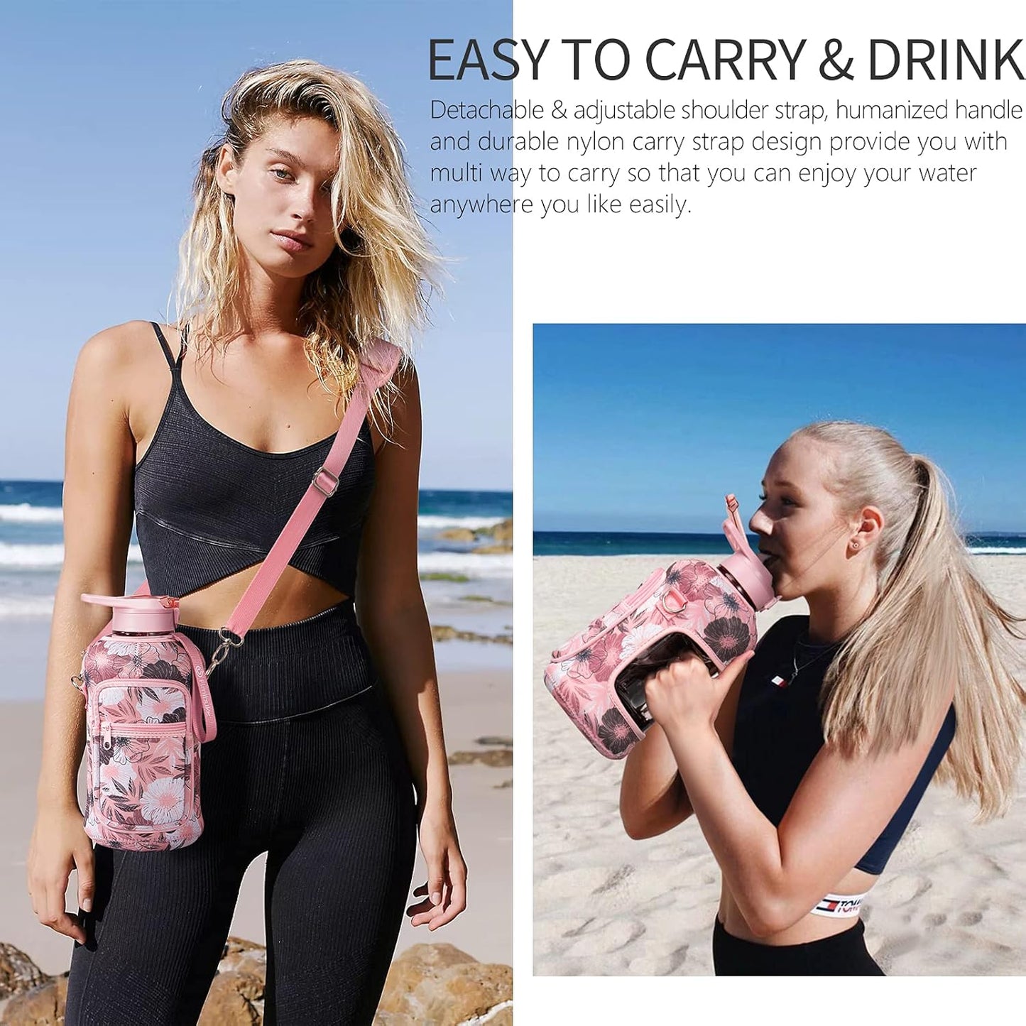 Fimibuke Half Gallon Water Bottle with Sleeve 64 OZ Water Bottle with Handle & Straw Leakproof Motivational Sports Gym Water Bottle with Time Marker BPA Free Water Jug with Reusable Neoprene Holder