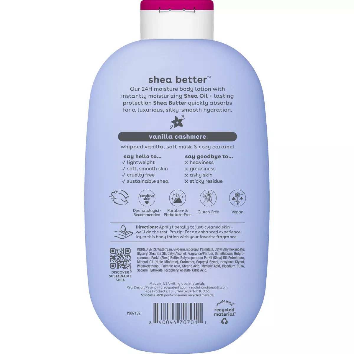 Eos Shea Better Moisture Body Lotion - Vanilla Cashmere - 16 Fl Oz: Plastic Pump, Hypoallergenic, Paraben-Free, for Dry Skin
