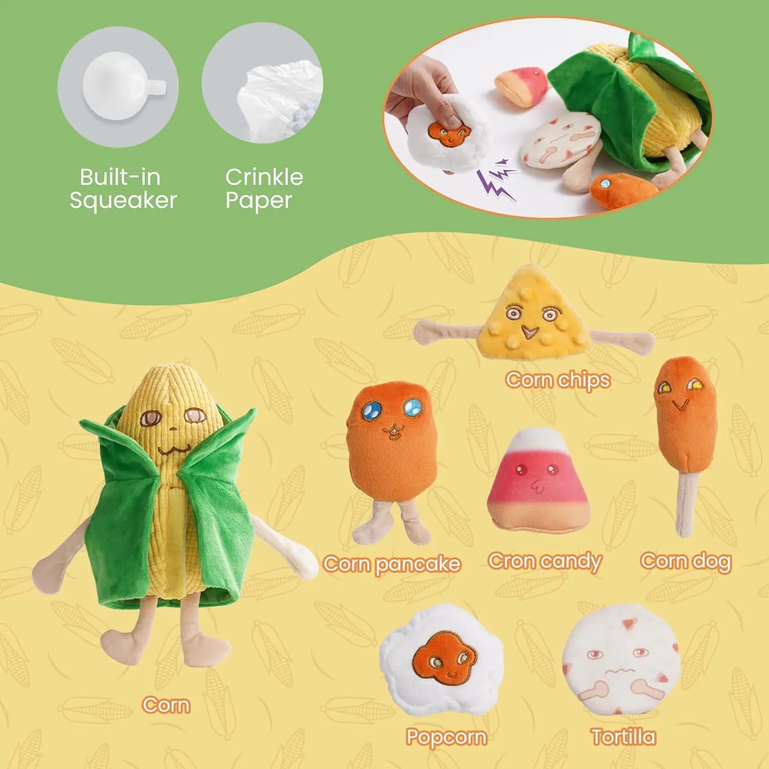 Nocciola 7-In-1 Mr.Cornelius Plush Dog Toy - Big Corn Man with 6 Squeaky & Crinkle Corn Snacks, Training & Enrichment Toys for Small & Medium Dogs