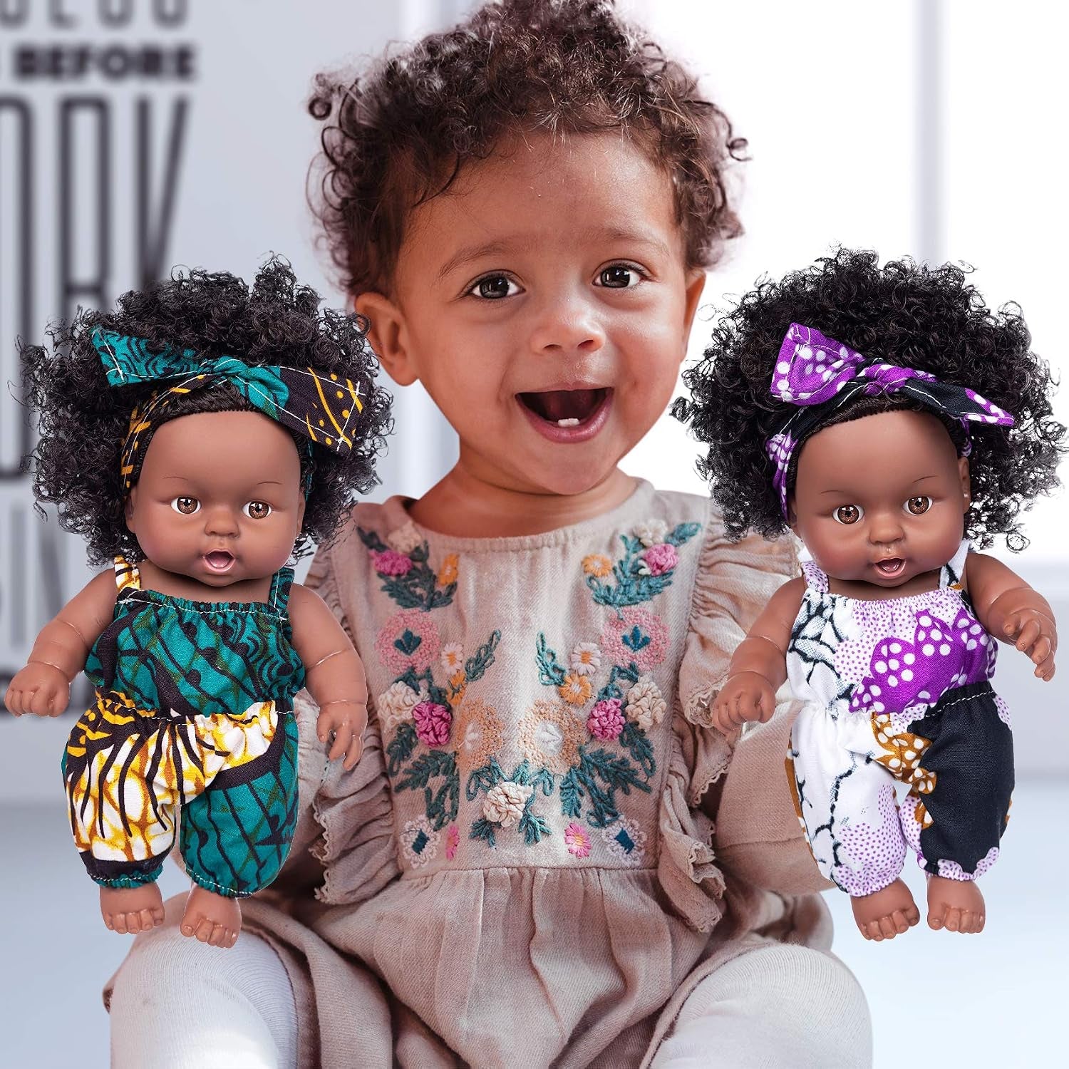 Ecore Fun 2 Pcs 8 Inch Black Baby Doll with Clothes and Accessories | African Washable Realistic Silicone Baby Dolls with Clothes and Hairband Pretend Play Age 3+