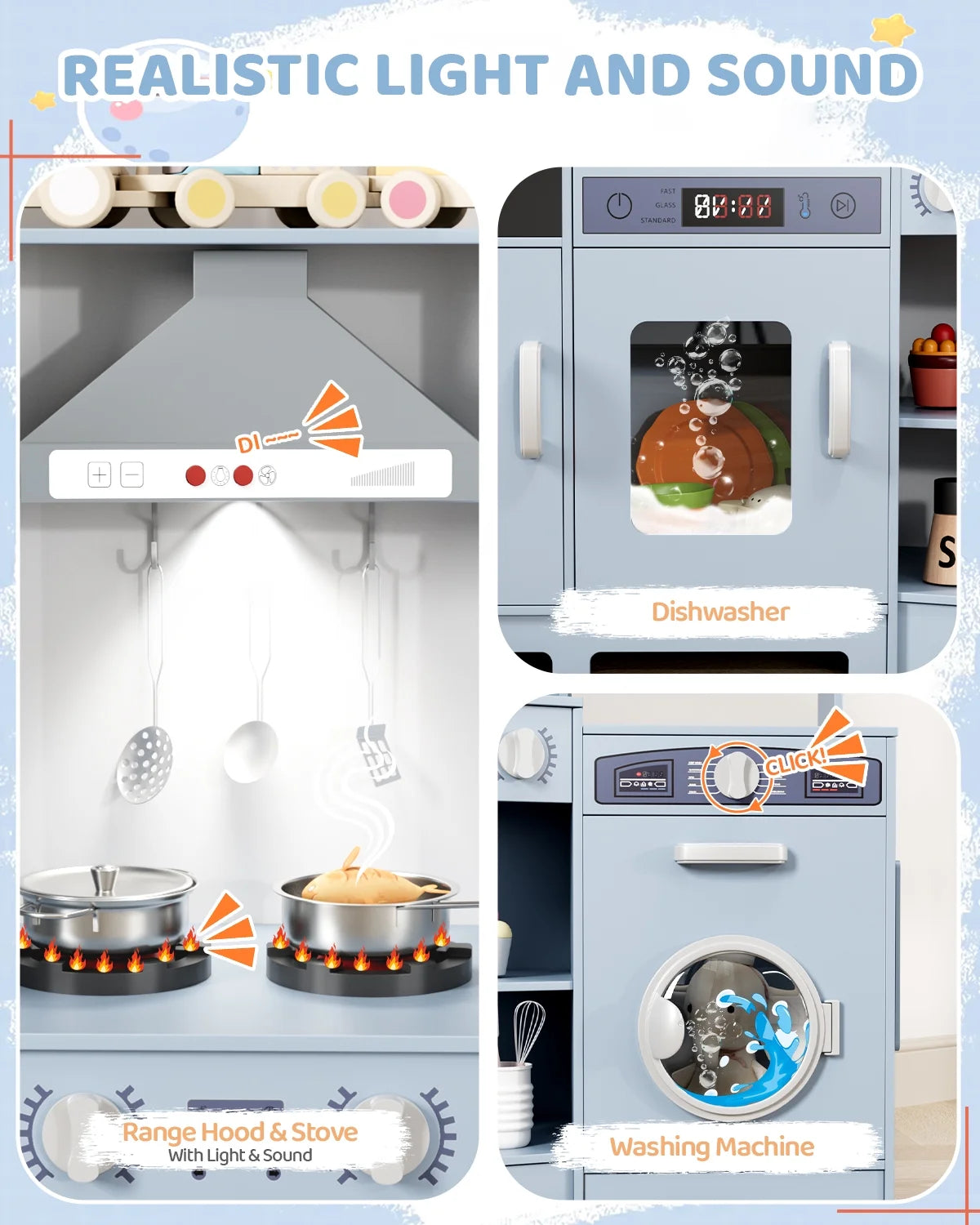 Arlopu Kids Corner Play Kitchen, Ultimate Interactive Wooden Kitchen Playset with Lights & Sounds, Cooking Toy Set with Stove, Range Hood, Sink, Faucet, Ice Maker & Washing Machine
