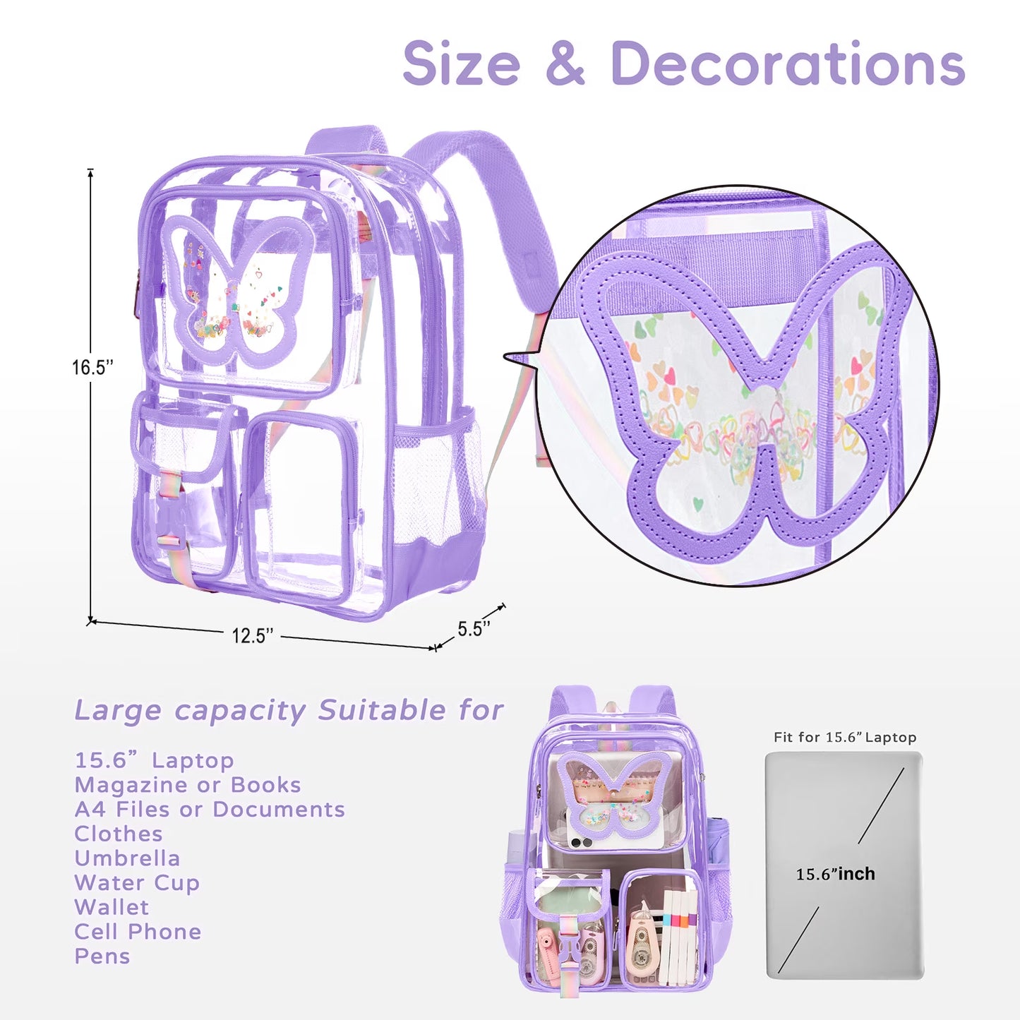 SANMADROLA Clear Backpack Heavy Duty Transparent Bookbag Teen Girlish Cute Bag Large Capacity See through Backpacks Stadium Approved Daypack for Middle School College Sport/Travel, Purple Butterfly