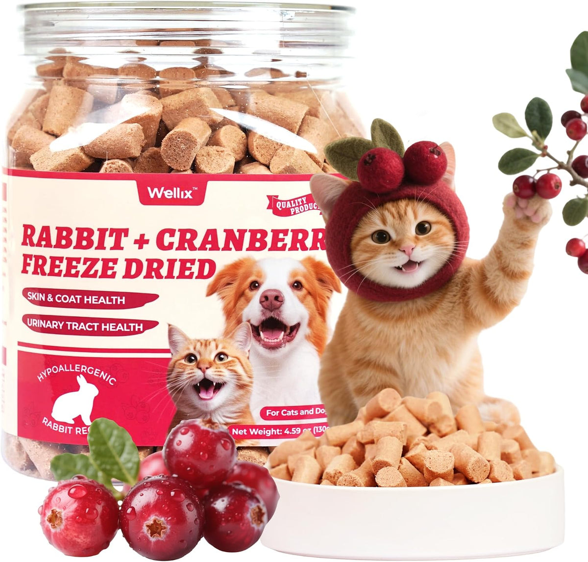Wellix Rabbit & Cranberry Freeze Dried Dog & Cat Treats - Grain Free 4.59Oz