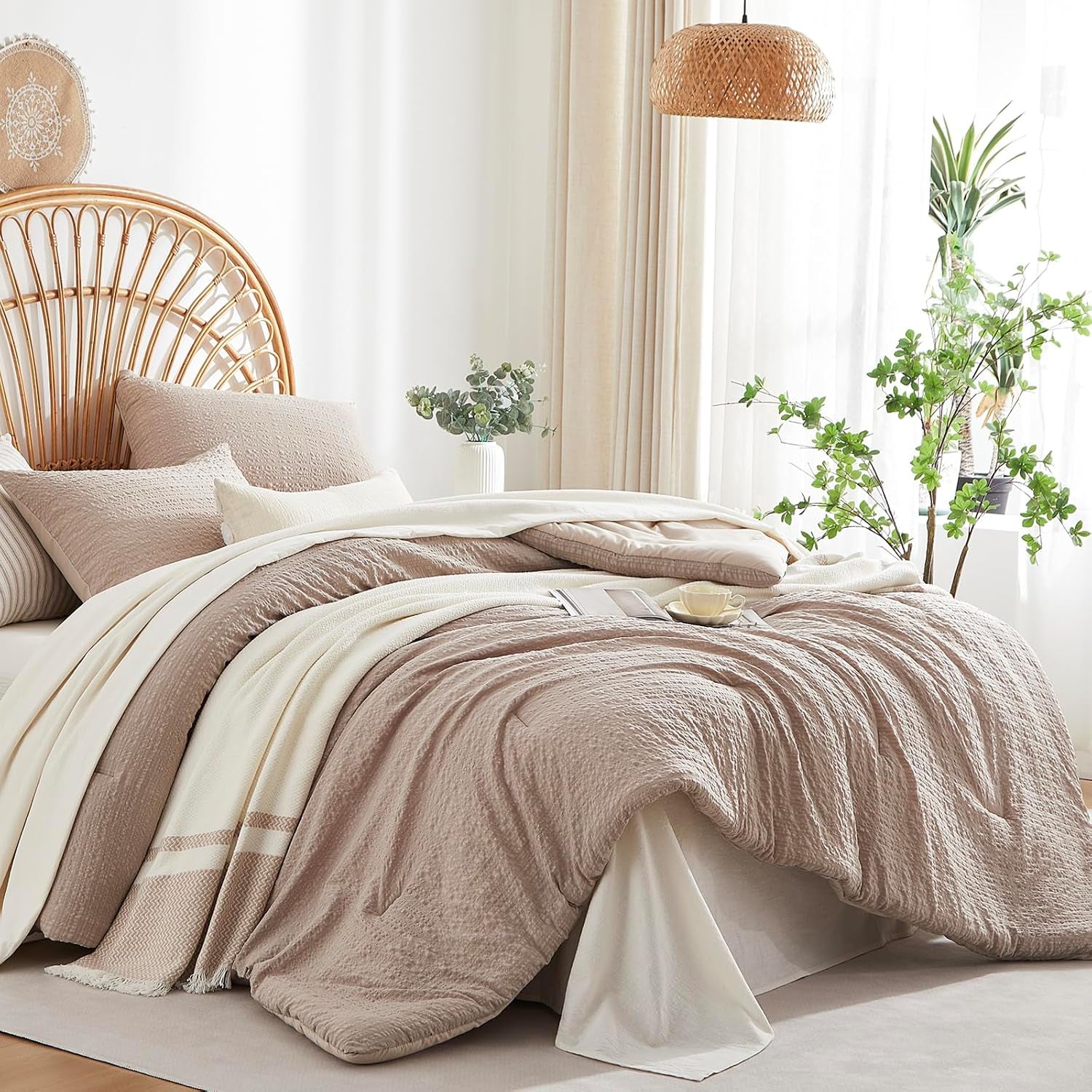Brown Boho Seersucker Comforter Set King Size,Textured Lightweight Breathable Bedding 1 Comforter& 2 Shams