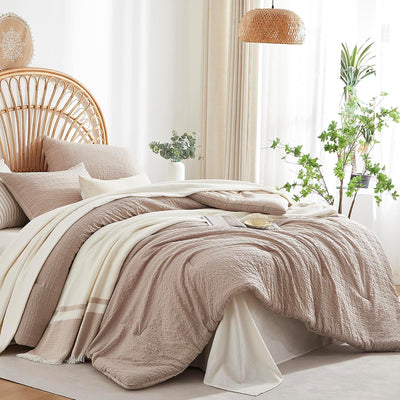 Brown Boho Seersucker Comforter Set King Size,Textured Lightweight Breathable Bedding 1 Comforter& 2 Shams