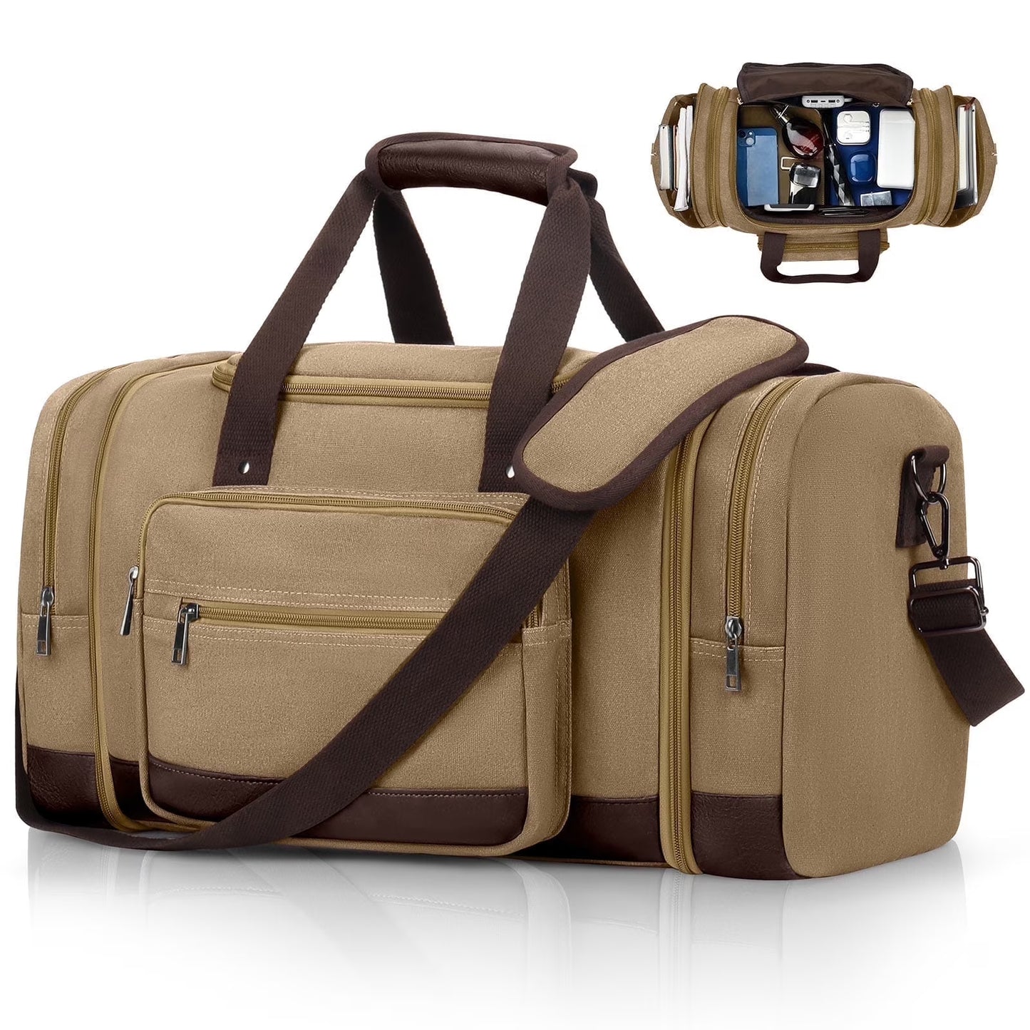 Gynky Duffle Bag for Travel Bag 46L Large Expendable Duffle Bags for Men Weekender Bag with Trolly Sleeve for Business Trip Travel Camp Gym, Khaki
