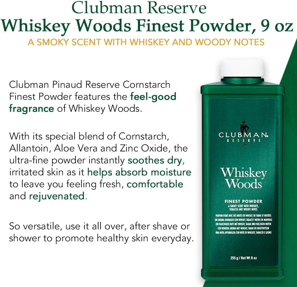 Clubman Reserve Whiskey Woods Finest Powder – Classic Men’S Body Powder for Men, Moisture & Odor Control, Barbershop Whiskey Wood Scent, 9 Oz
