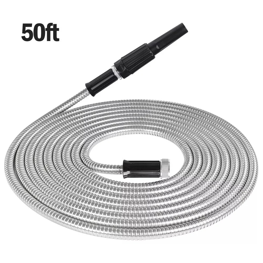 Stainless Steel Metal Garden Water Hose Pipe Flexible Lightweight 25/50/75/100FT