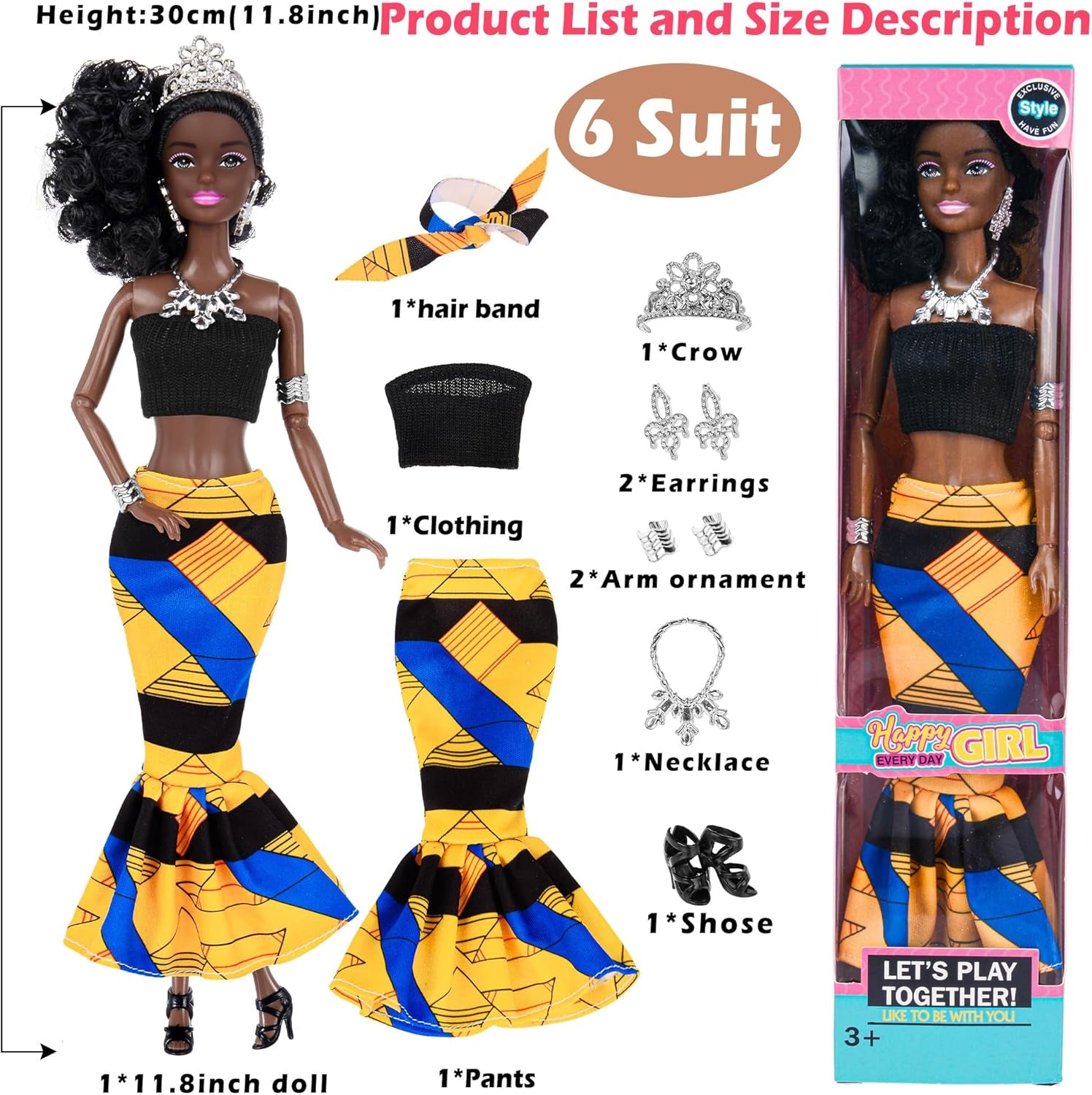 Dollbie 6 Pack African American Fashion Dolls Set with Mix & Match Outfits – 11.5" Posable Black Dolls & 5 Accessories Each (Crown, Necklace, Headscarf & More) + Pink Gift Case