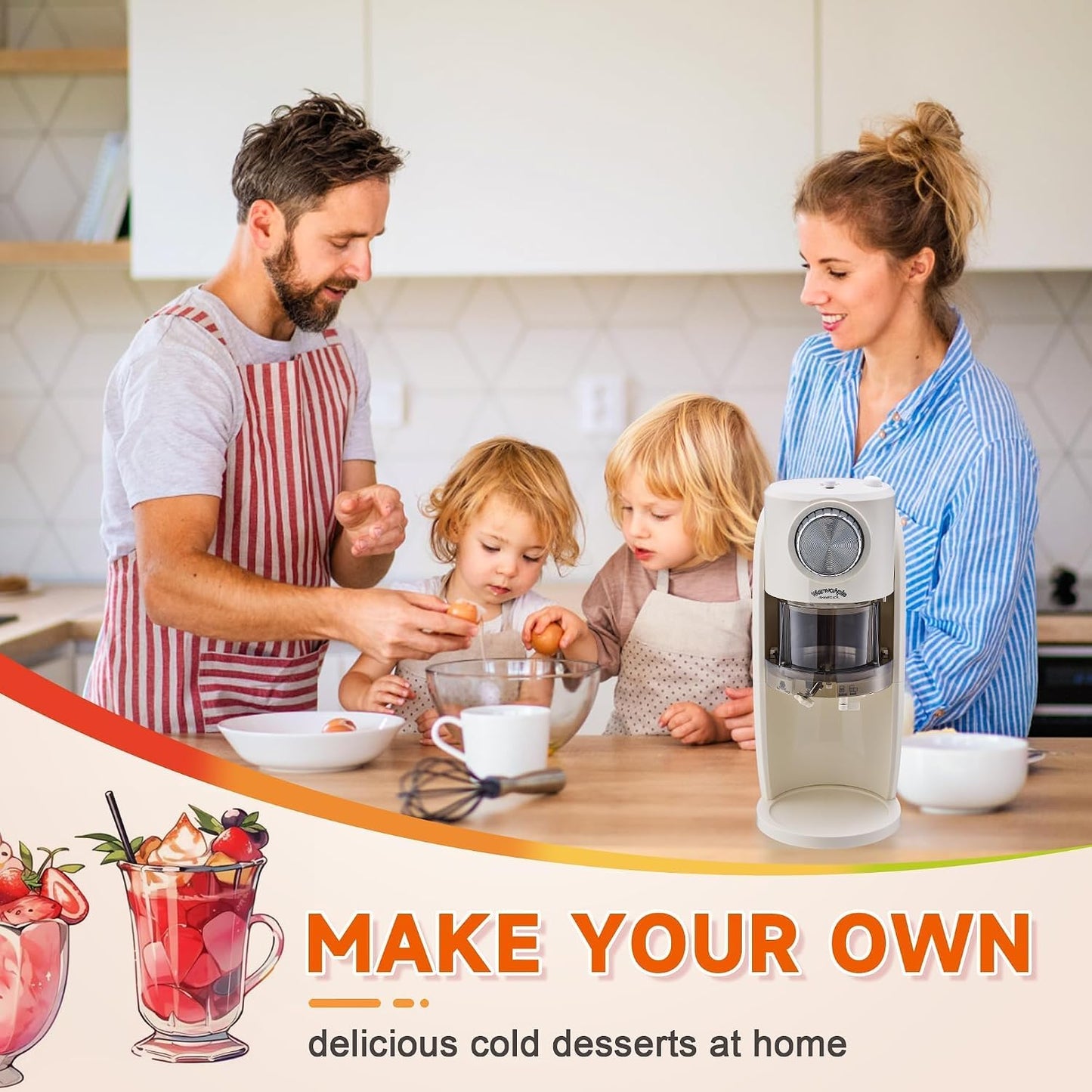 Snow Cone Machine - Shaved Ice Machine Equipped with Stainless Steel Blade Adjustment Knob to Freely Adjust the Thickness of the Snowflakes and 2 Reusable Plastic Ice Mold Cup (White)