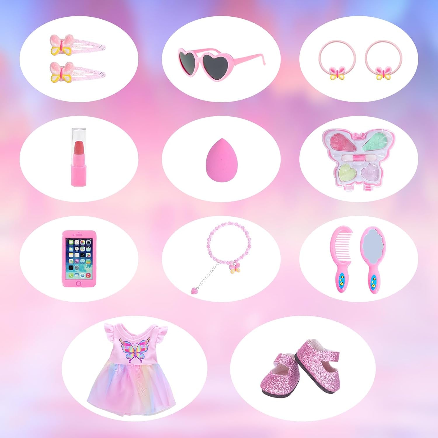 DONTNO 14.5 Inch Black Doll and Baby Doll Clothes and Accessories,Including Phone Sunglasses Shoes Makeup Accessories and Butterfly Theme Dress Best Gift for Girls Kids