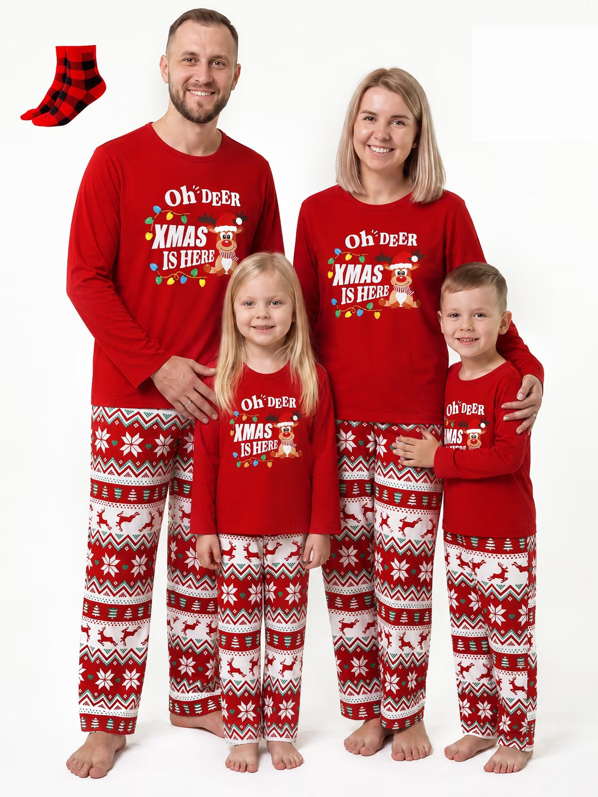 Patpat Family Christmas Matching Pajamas for Men 2 Piece Red Reindeer Long Sleeve Top & Pants Sets with Christmas Socks,Men XXL