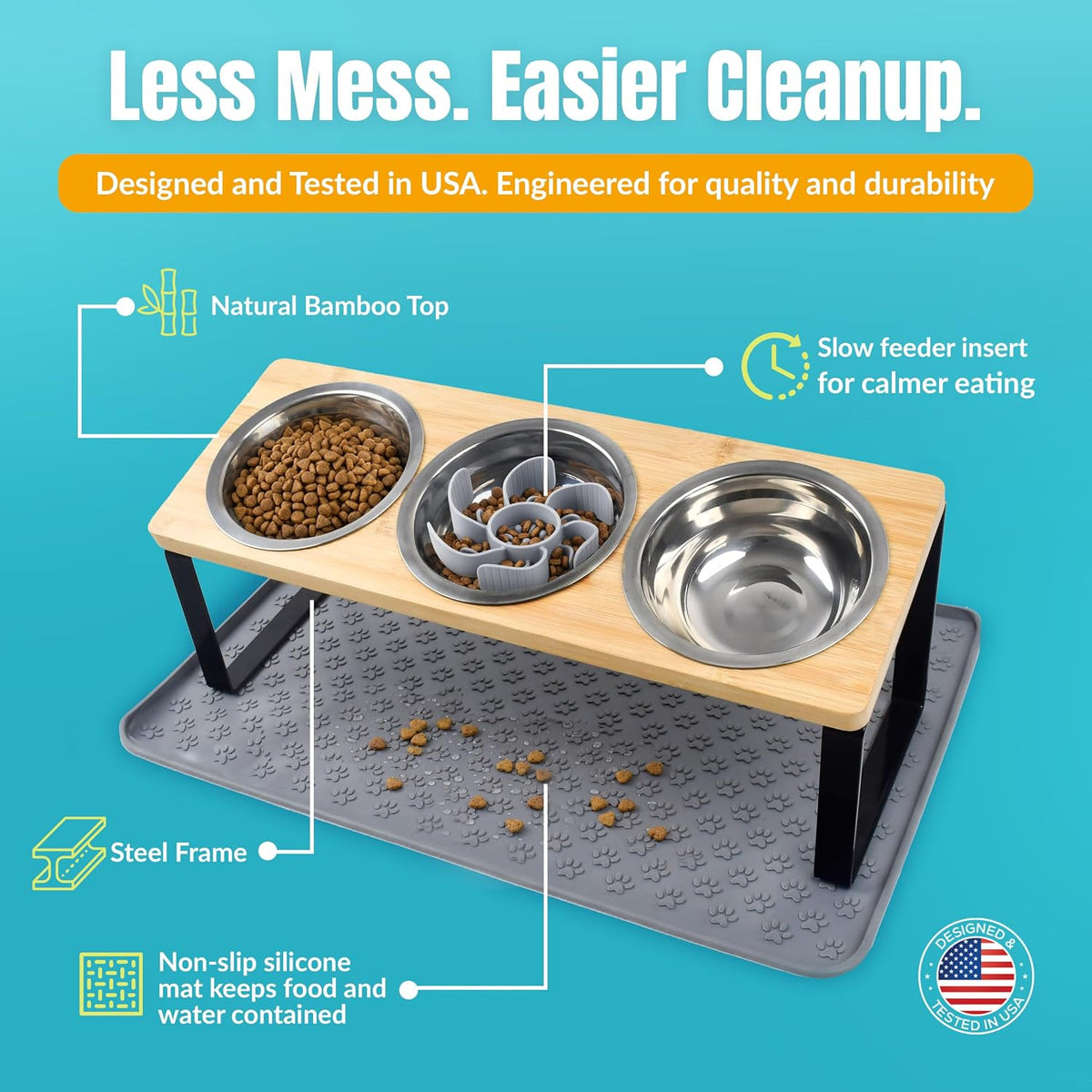 Raised Cat Food Bowls-3 Bowl Elevated Cat Feeding Station with Mat