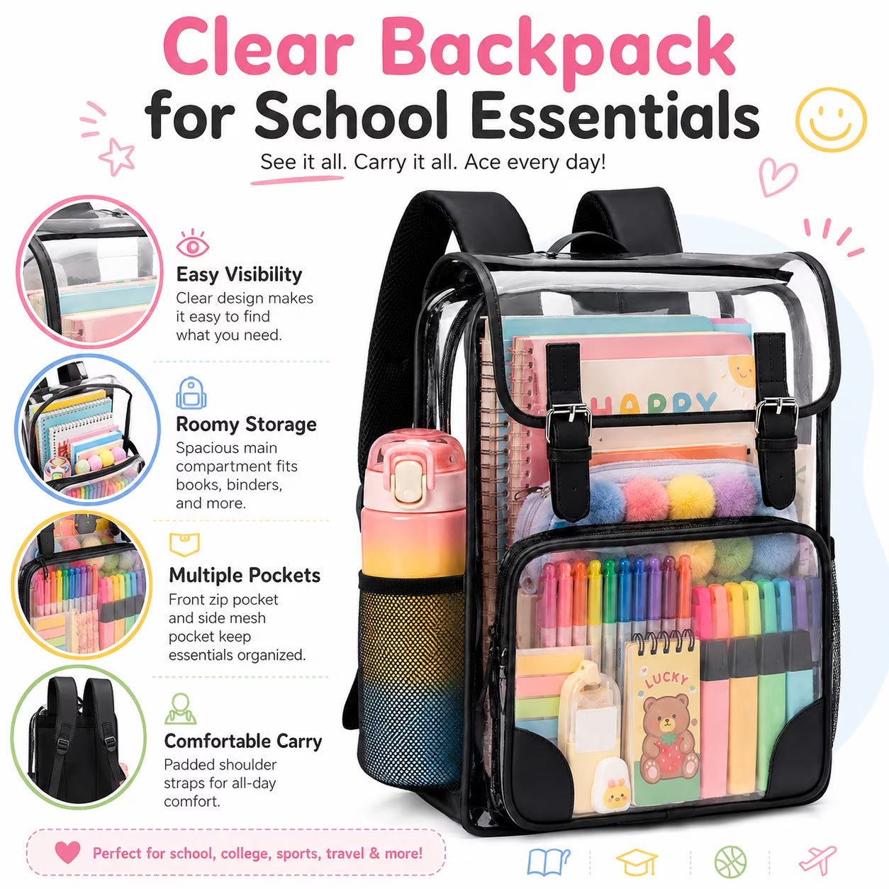 DAKIMOE Clear Backpack for School Stadium Bookbag Transparent Book Bag Large 17''