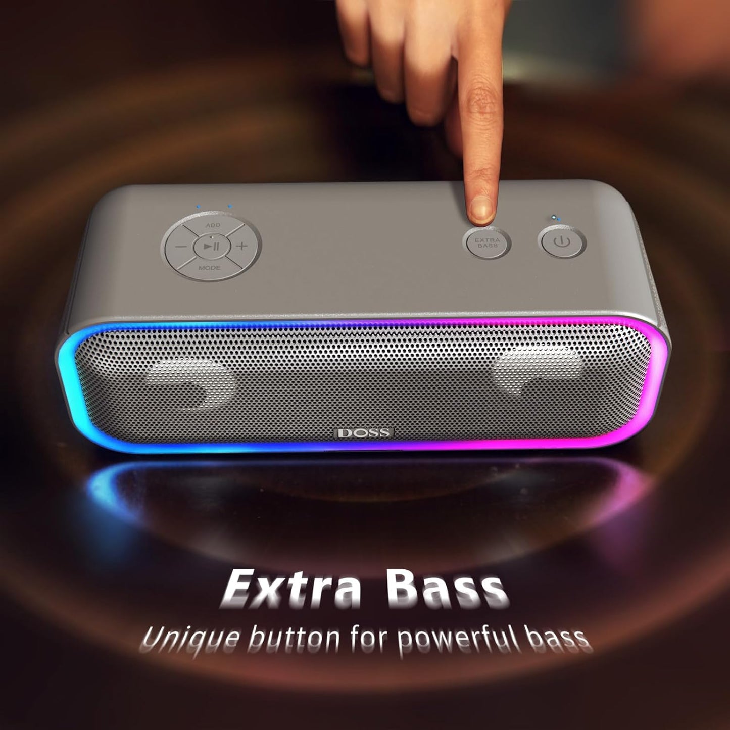 DOSS Bluetooth Speaker, Soundbox Pro+ Wireless Bluetooth Speaker with 24W Impressive Sound, Booming Bass, IPX6 Waterproof, 15Hrs Playtime, Wireless Stereo Pairing, Mixed Colors Lights, 66 FT- Grey