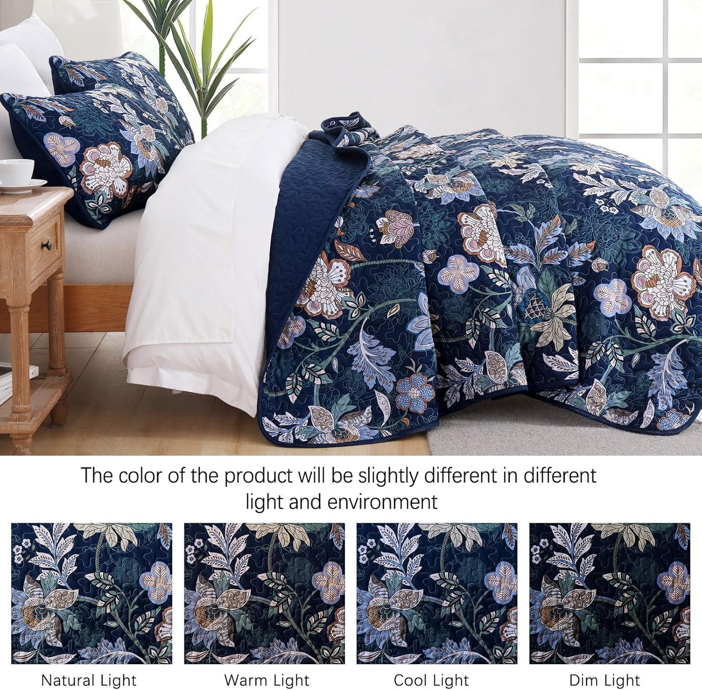 WONGS BEDDING Quilt Set Queen Size, Navy Blue Botanical Queen Bedspread Bedding Sets, 3 Pieces Floral Quilt with 2 Pillowcases,Soft Lightweight Microfiber Coverlet Set for All Season(96"X90")