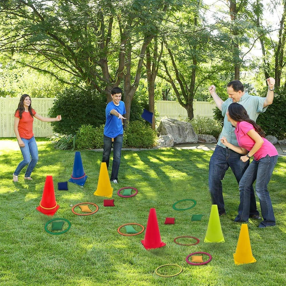 3 in 1 Carnival Games Set, Soft Plastic Cones Cornhole Bean Bags Ring Toss Games for Carnival Kids Birthday Party Indoor Outdoor Games Supplies