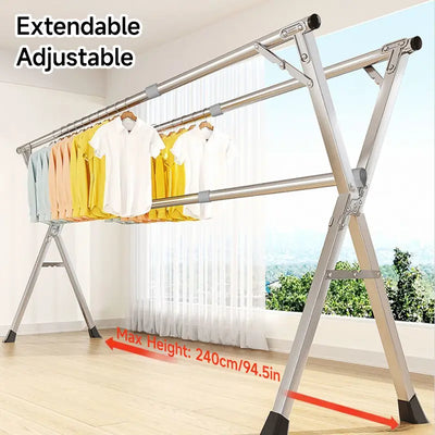 78.75In/94.5In X-Frame Heavy-Duty Clothes Drying Rack, Foldable Telescopic Stainless Steel Freestanding Laundry Rack with Windproof Sock Clips, Space Saving for Indoor Outdoor Balcony