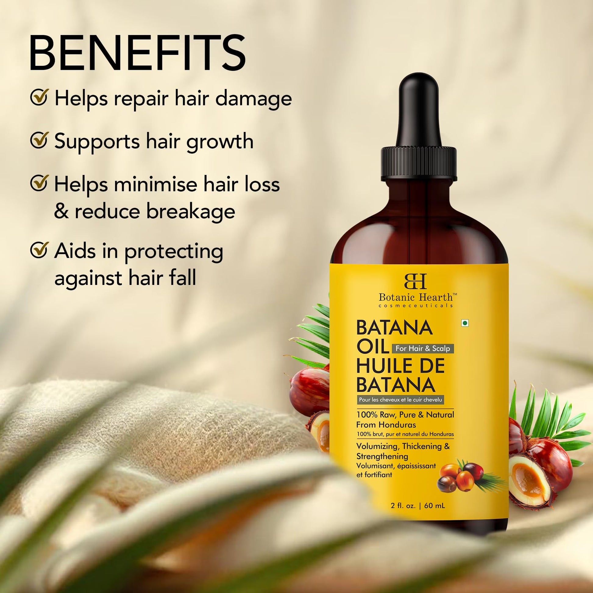 Botanic Hearth Dr Sebi Batana Oil | Lightweight Hair & Scalp Oil (2 Fl Oz Glass Bottle) | 100% Pure, Unrefined Oil from Honduras