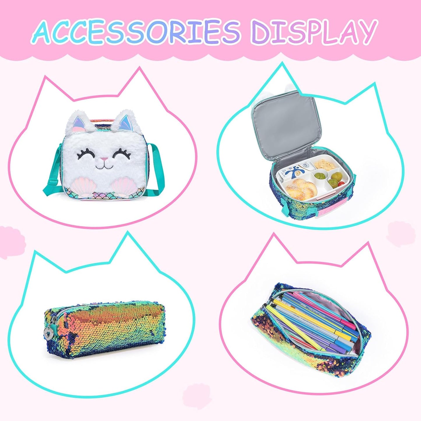 Kids Rolling Cats Backpack for Girls Plush Trolley Suitcases Luggage Travel with Wheels Bookbag Wheeled 17" Roller Backpacks Set Toddler Back Pack School Bags for Elementary Champagne