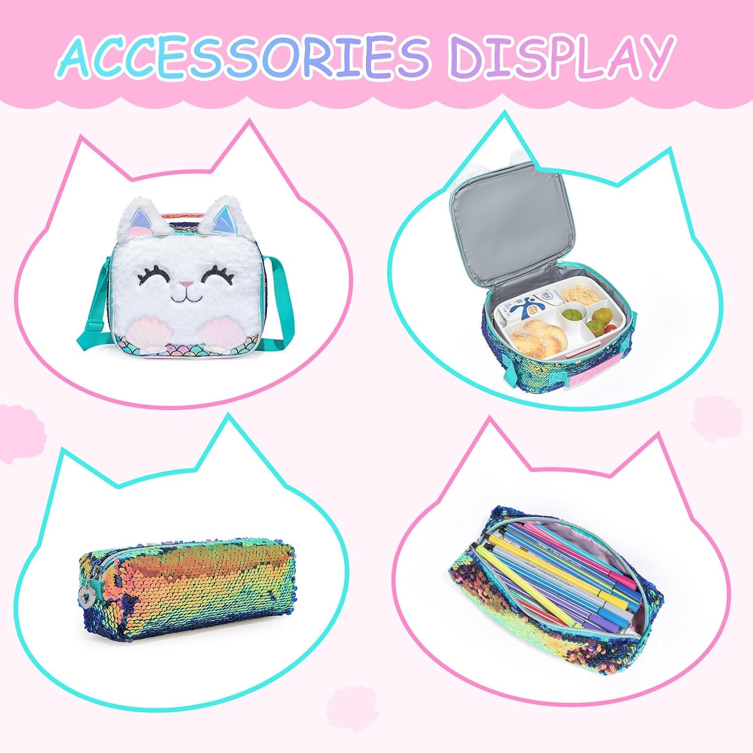 Kids Rolling Cats Backpack for Girls Plush Trolley Suitcases Luggage Travel with Wheels Bookbag Wheeled 17" Roller Backpacks Set Toddler Back Pack School Bags for Elementary Champagne