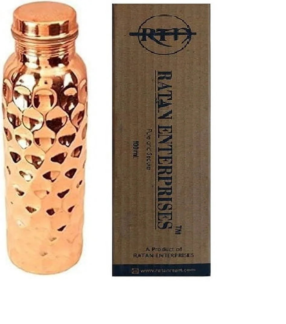 RATAN ENTERPRISES Pure Copper Diamond Water Bottle with Lid 900 ML