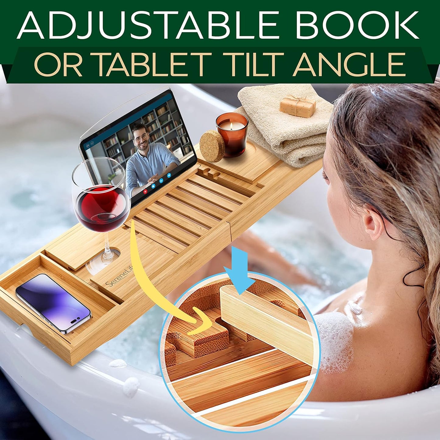 Serenelife Luxury Bamboo Bathtub Caddy Tray - Adjustable Natural Wood Bath Tub Organizer with Wine Holder, Cup Placement, Soap Dish, Book Space & Phone Slot for Spa, Bathroom & Shower - SLBCAD20