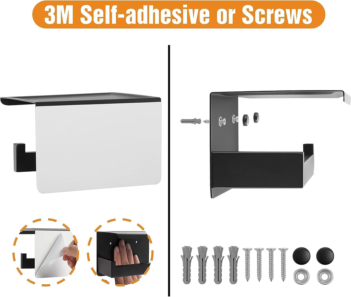 HITSLAM Toilet Paper Holder with Shelf, Stick on Matte Black Toilet Paper Roll Holder, Self Adhesive or Wall-Mount with Screws for Bathroom,Washroom