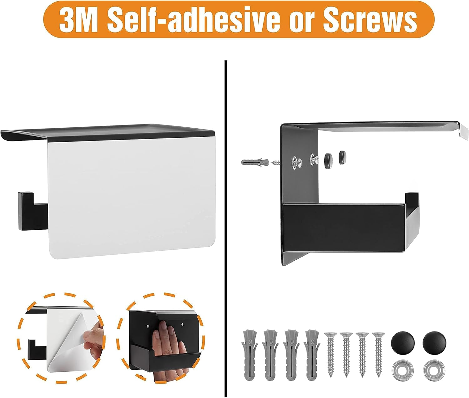 HITSLAM Toilet Paper Holder with Shelf, Stick on Matte Black Toilet Paper Roll Holder, Self Adhesive or Wall-Mount with Screws for Bathroom,Washroom