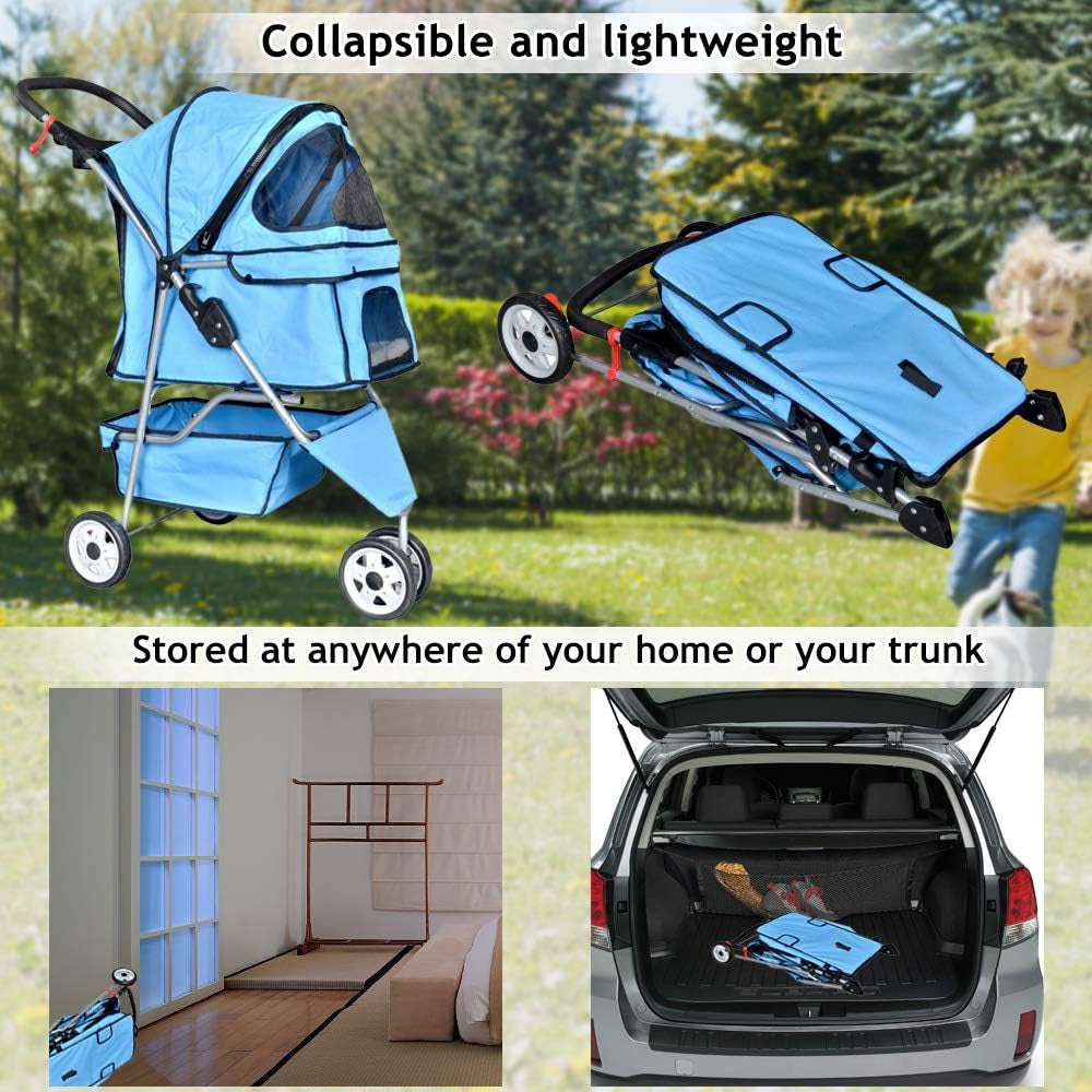 Dkeli 3-Wheel Pet Stroller, Lightweight Foldable Dog Stroller for Small Medium Dogs & Cats, Breathable Mesh & Weather Cover with Storage Basket, for Daily Walk Outdoor Travel (Blue)