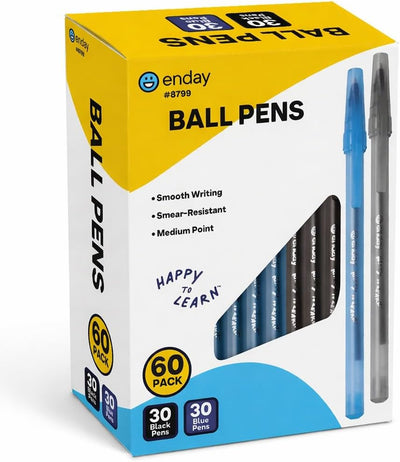 Enday Pens Ballpoint (60 Pack) 30 Blue & 30 Black Pens, Ink Pens Bulk, Medium Point 1.0Mm, Smooth Writing Ballpoint Pens, Comfortable Grip Ball Point Pens Black, Quick Dry Ink.