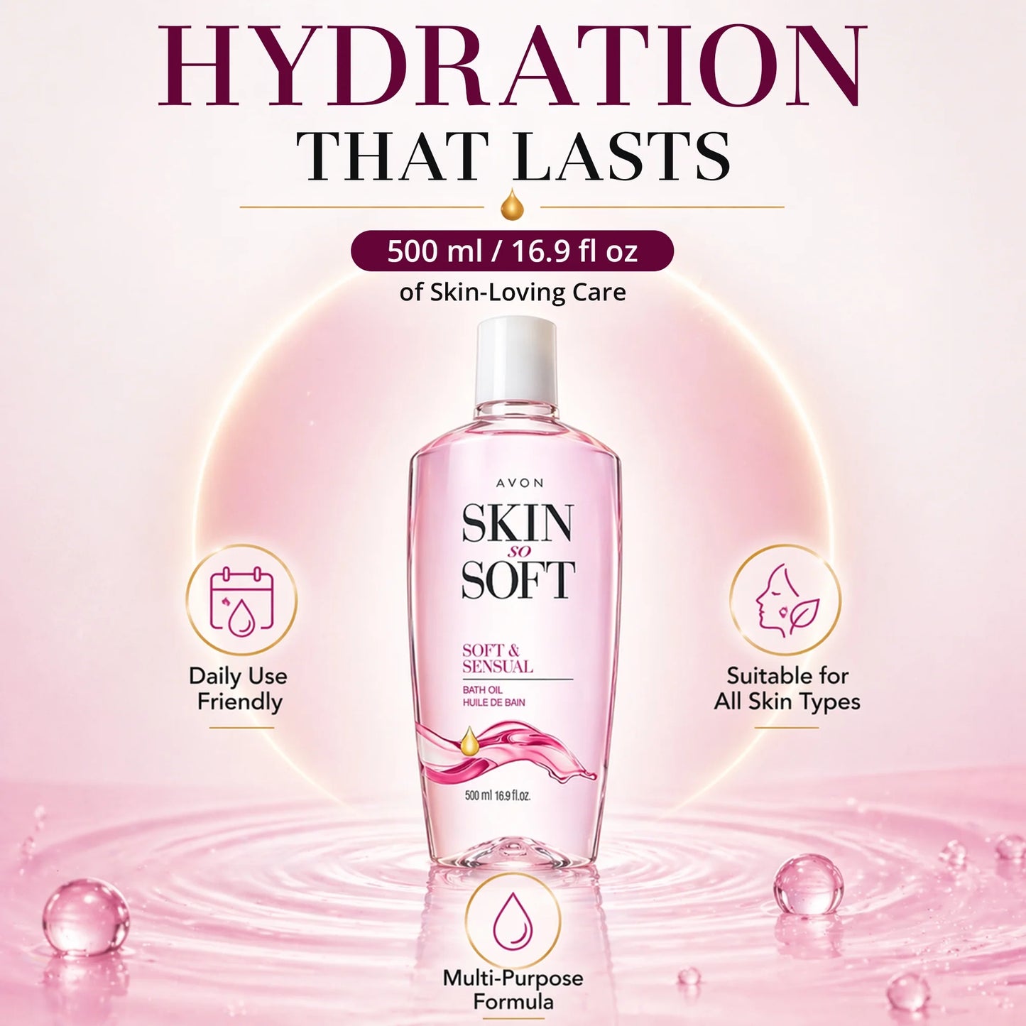 Avon Skin so Soft Soft and Sensual Moisturizing Bath Oil for Women with Argan Oil, 16.9 Fl Oz