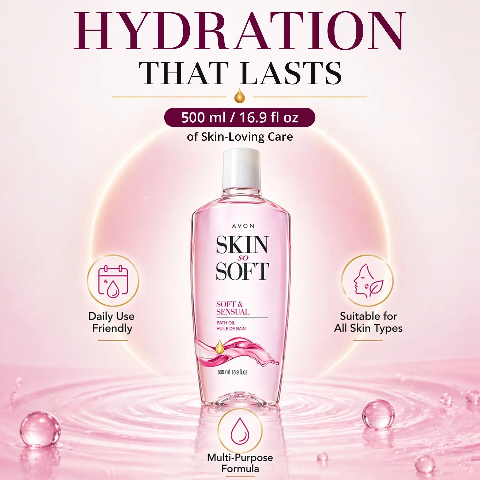 Avon Skin so Soft Soft and Sensual Moisturizing Bath Oil for Women with Argan Oil, 16.9 Fl Oz