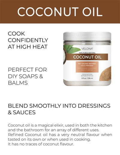 Velona Coconut Oil 92 Degree - 2 Oz | 100% Pure and Natural Carrier Oil | in Jar | Refined, Cold Pressed | Skin, Face, Body, Hair Care