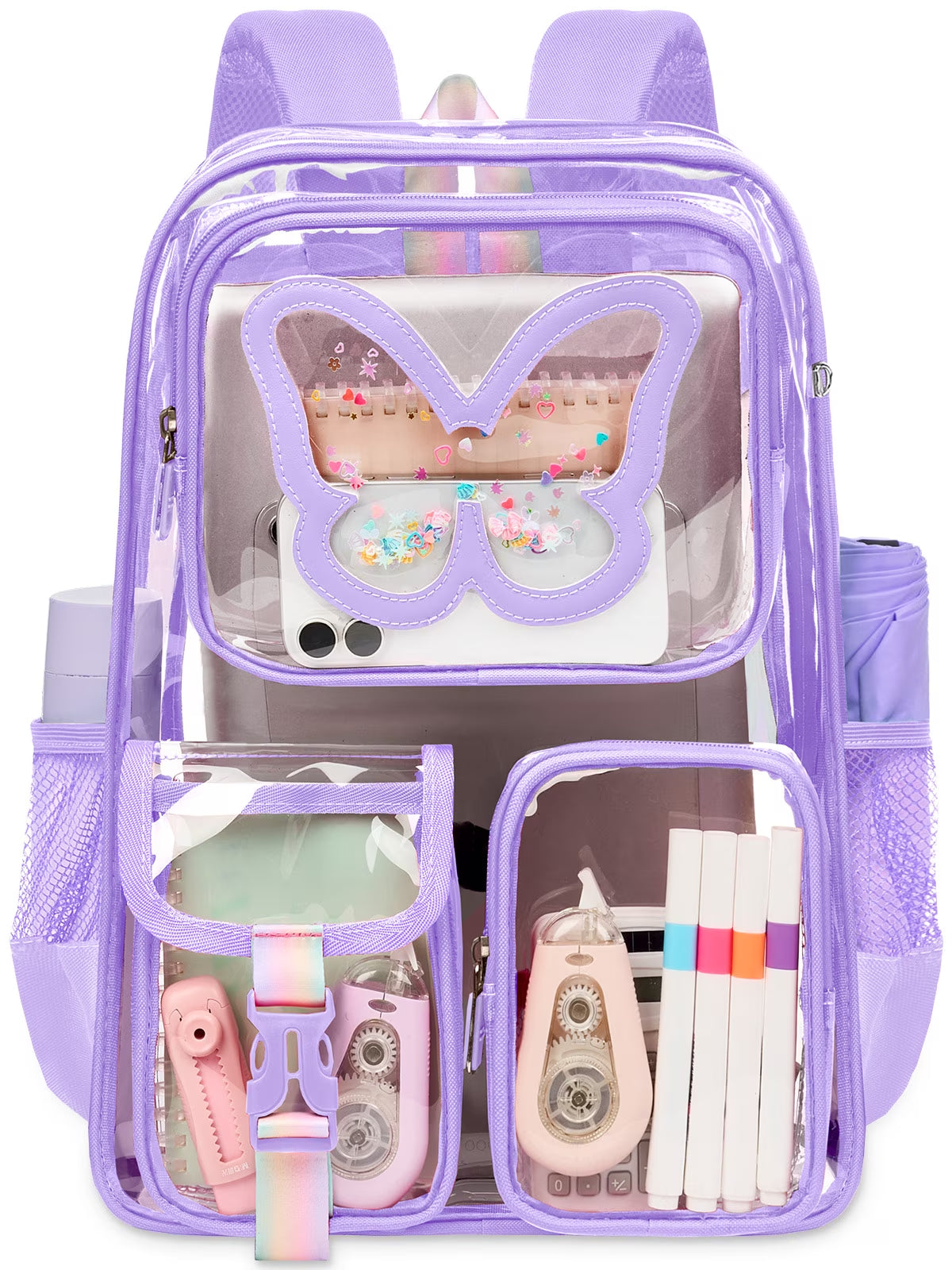 SANMADROLA Clear Backpack Heavy Duty Transparent Bookbag Teen Girlish Cute Bag Large Capacity See through Backpacks Stadium Approved Daypack for Middle School College Sport/Travel, Purple Butterfly