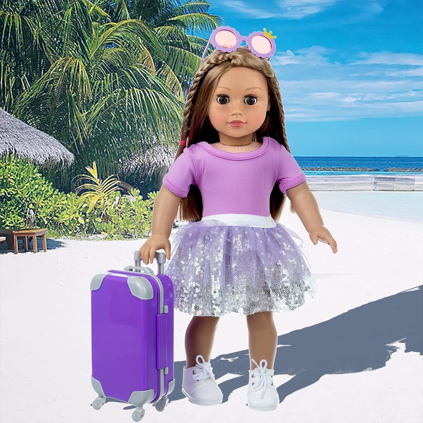 ZNTWEI American 18 Inch Doll Travel Suitcase Play Set with 18 Inch Doll Clothes and Accessories Including Sunglasses Camera Computer Phone Ipad Travel Pillow Ect