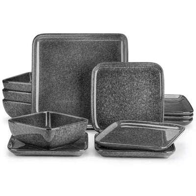 12-Piece Gray Stoneware Dinnerware Set Bowls and Plates Set Service for 4