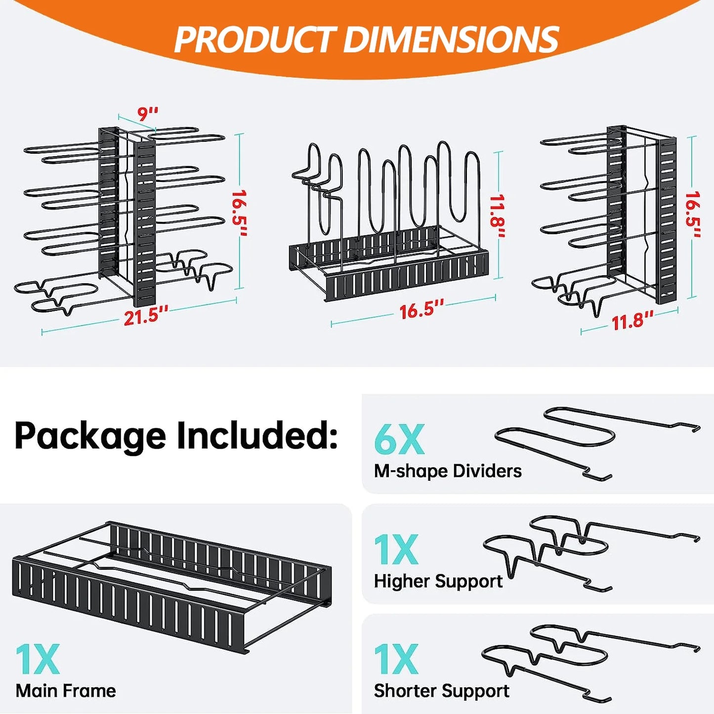 PHANCIR Pots and Pans Organizer Rack, 3 DIY Methods Adjustable 8-Tier Pot and Pan Rack, Metal Heavy Duty Organizer with Anti-Slip Silicone Pad for Cabinet Kitchen Organization Storage