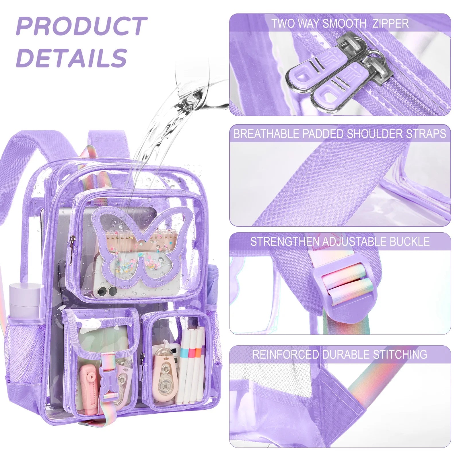 SANMADROLA Clear Backpack Heavy Duty Transparent Bookbag Teen Girlish Cute Bag Large Capacity See through Backpacks Stadium Approved Daypack for Middle School College Sport/Travel, Purple Butterfly